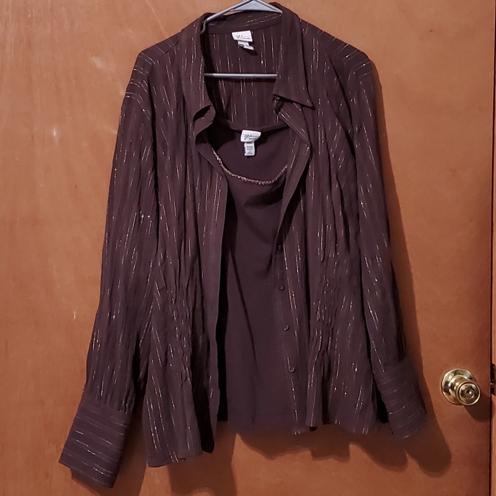 Venezia 2 Piece Blouse & Cami Size 22/24. Brown with Metalic Gold Stripe
